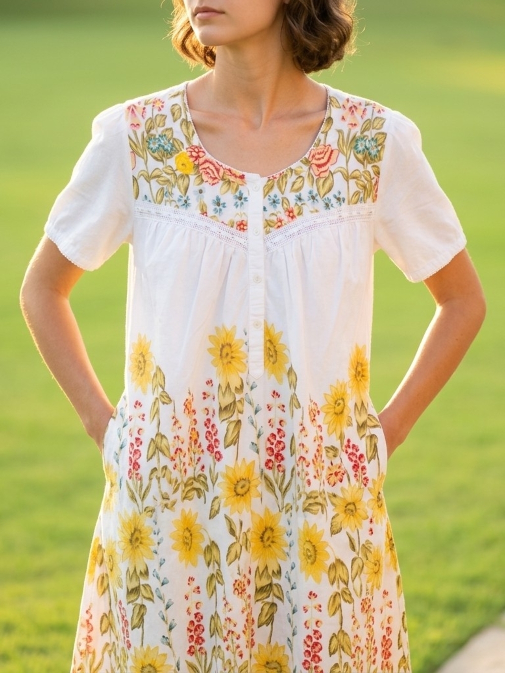 VTG White Floral Embroidered Button-Front Nightgown with Yellow Sunflower Print - Picture 4 of 9
